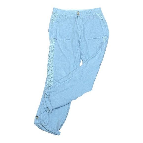 Neiman Marcus Blue 100% Linen Pants with Crochet Detail Size XS NWOT - Picture 3 of 7